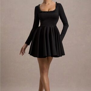 Club L London “Wilder” Black Pearl Embellished Square Neck Skater Mini Dress